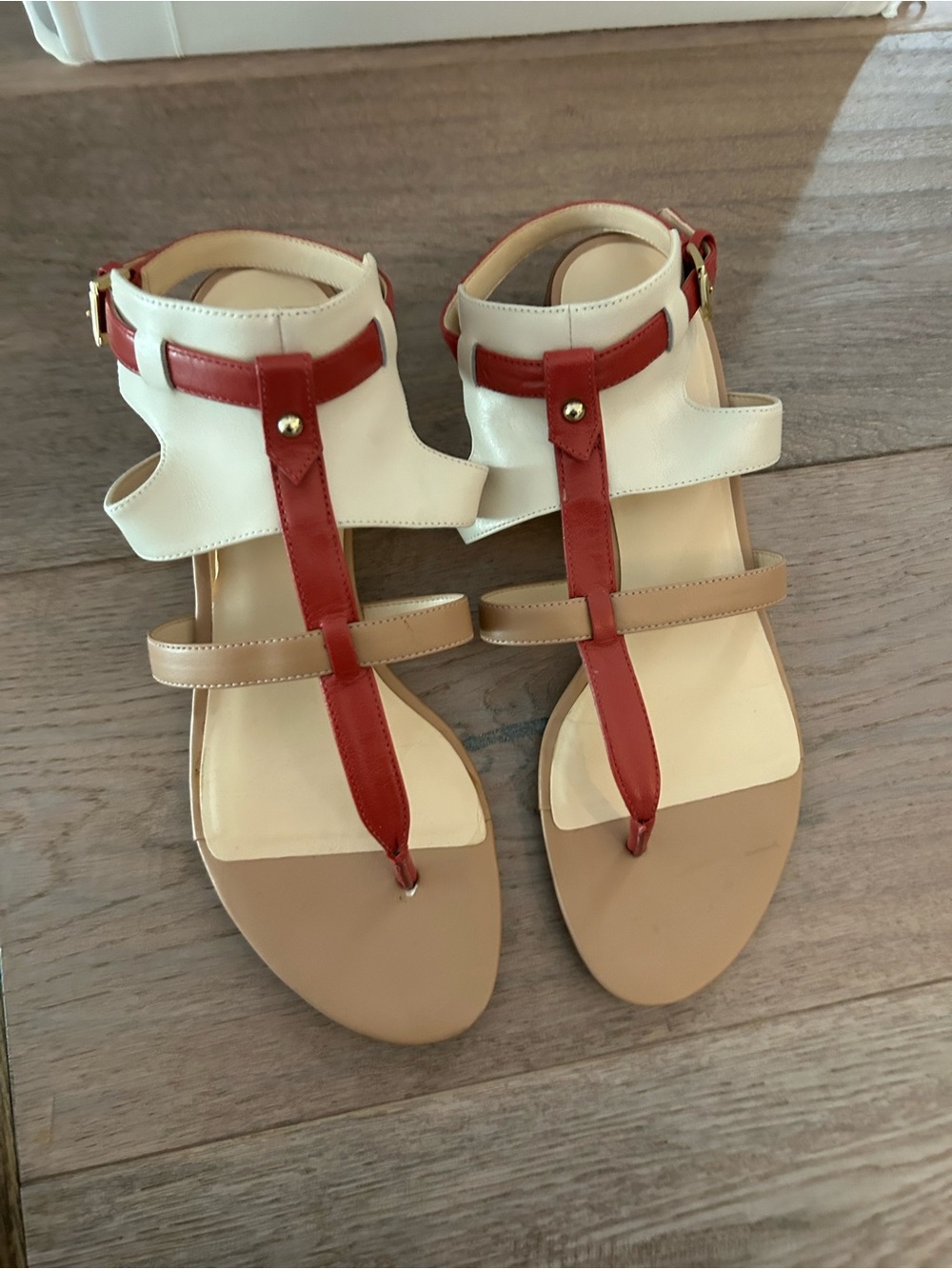 Women's Leather Neutral & Red T-Strap Sandals